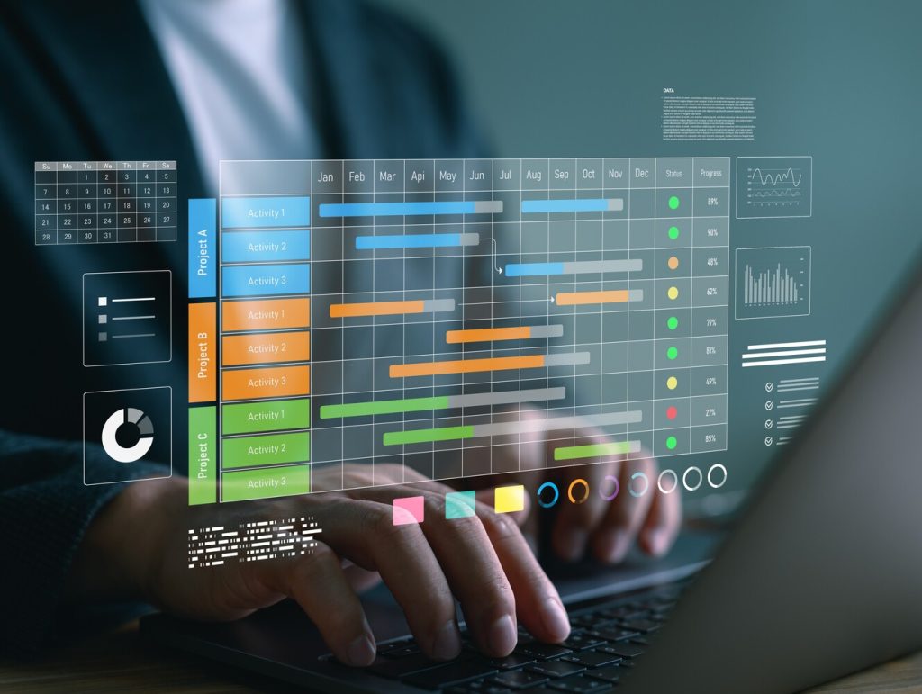 Project manager work with Gantt chart schedule, plan tasks and deliverables. Scheduling activities to do list, KPI dashboard, representing corporate efficiency, productivity, and timeline tracking.