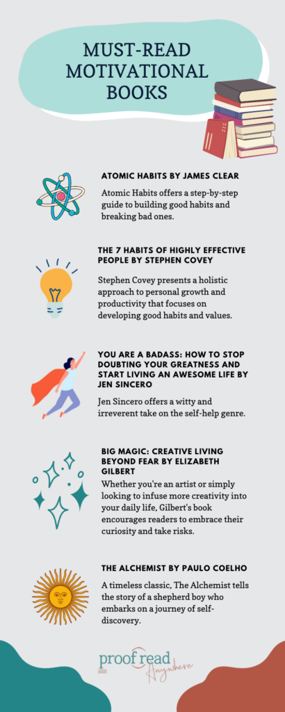 The image says "must-read motivational books" and shows an infographic with the top rated inspirational books.