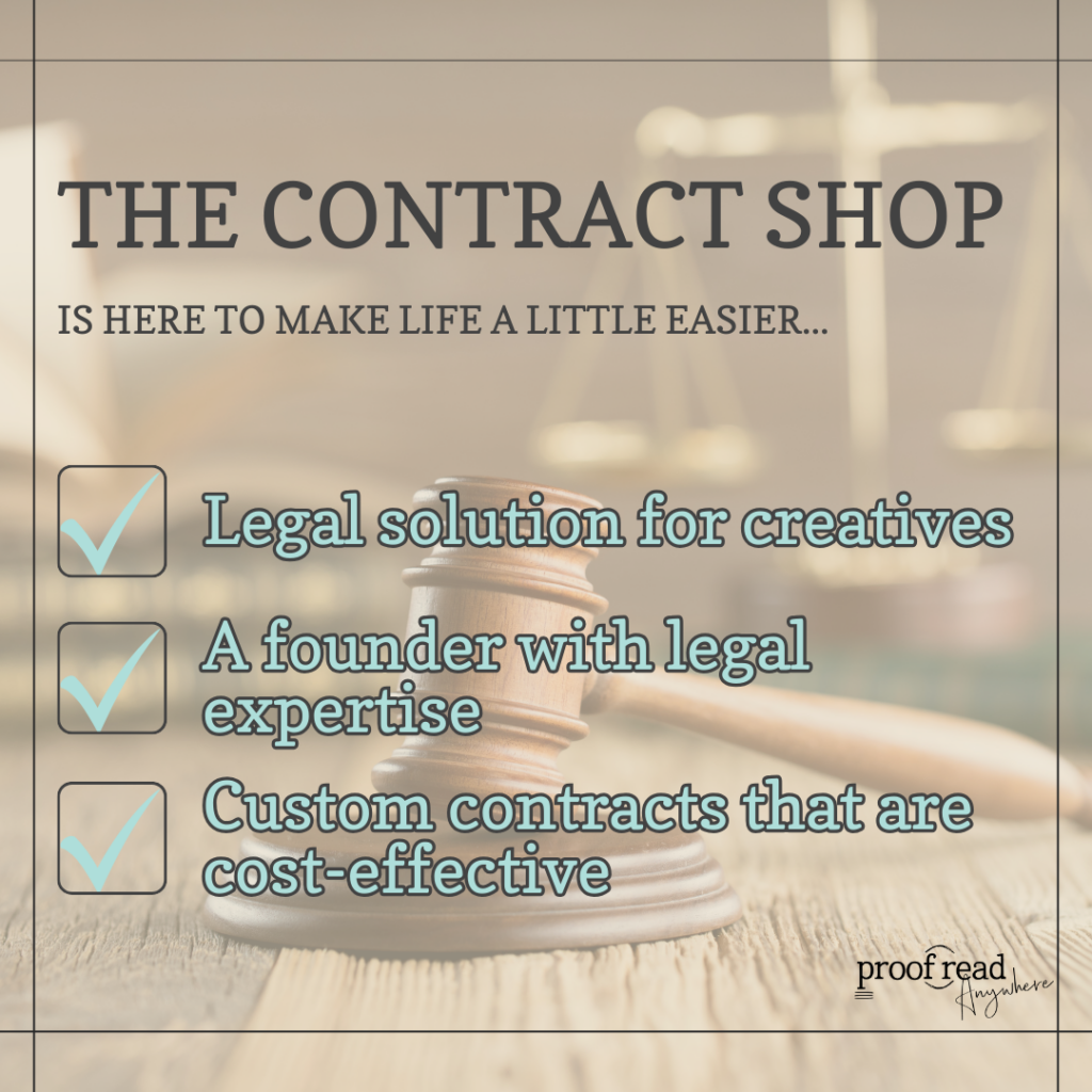 The contract shop provides legal solutions for creatives, has a founder with legal experience, and creates custom contracts that are cost-effective. 